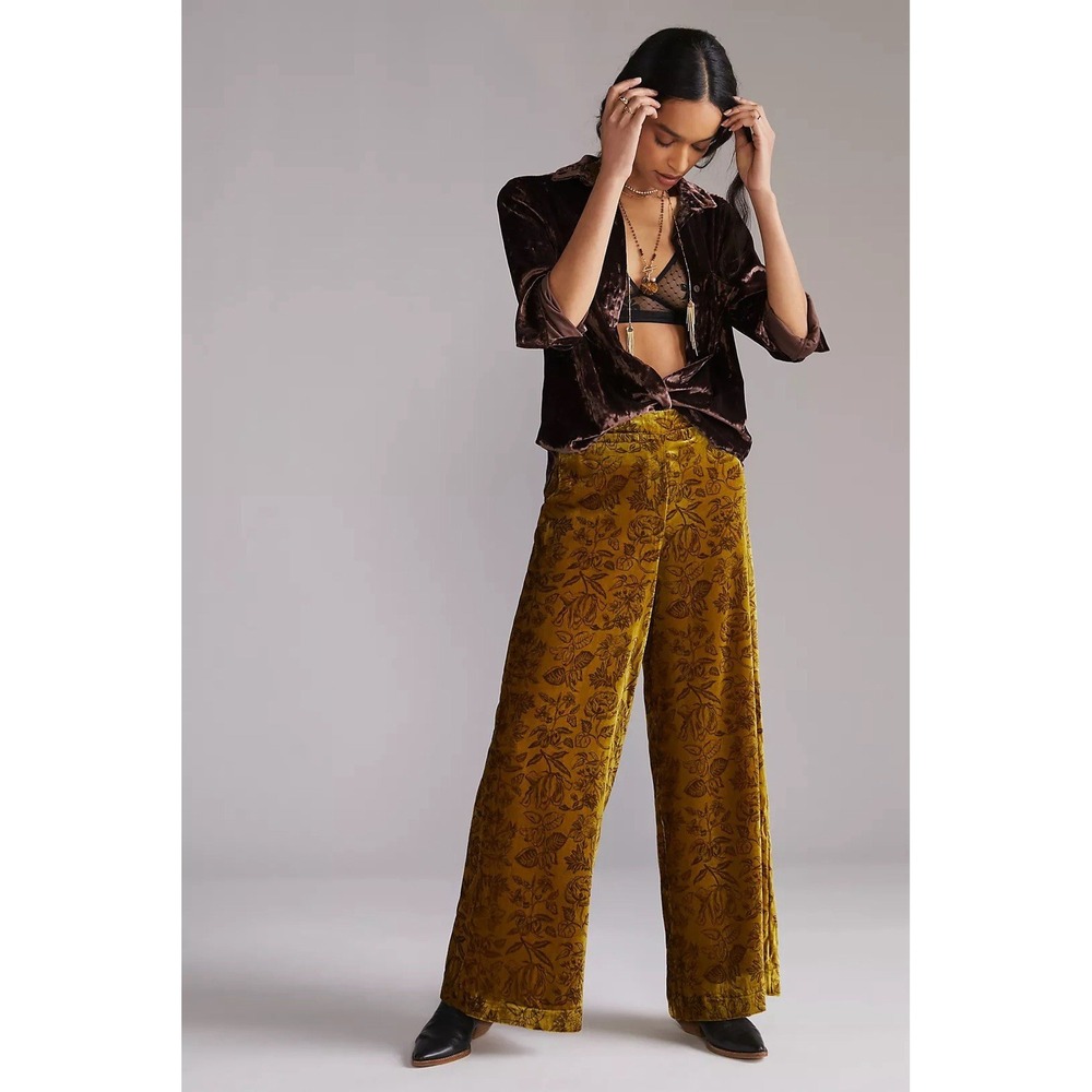 Anthropologie Wide Leg‎ High Waist Velvet Trouser Pants sz 4 Gold Floral Boho